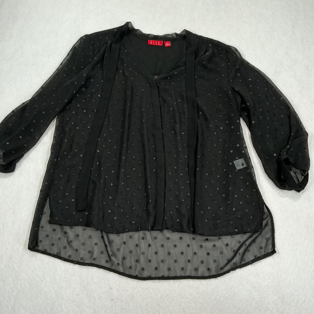 ELLE Womens XL Black Clip Dot Sheer V-Neck Tie Blouse High Low 3/4 Sleeve Top